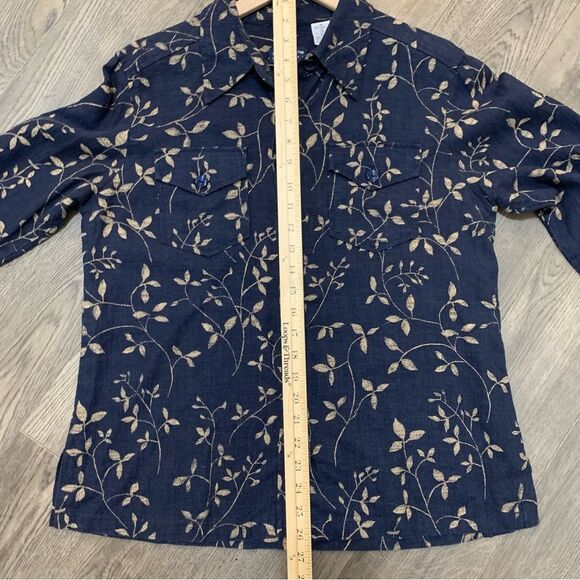 LIZ CLAIBORNE Liz-sport Linen Blend Shirt Women Medium Navy Blue Tan Leaf. - Picture 10 of 12
